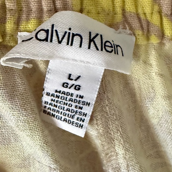 Calvin Klein Straight Leg Tropical Leaves Yellow Tan Pull-On Pants Elastic Tie - Picture 5 of 7